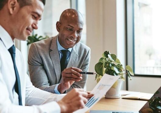 two coworkers analyzing accounting data in the office.